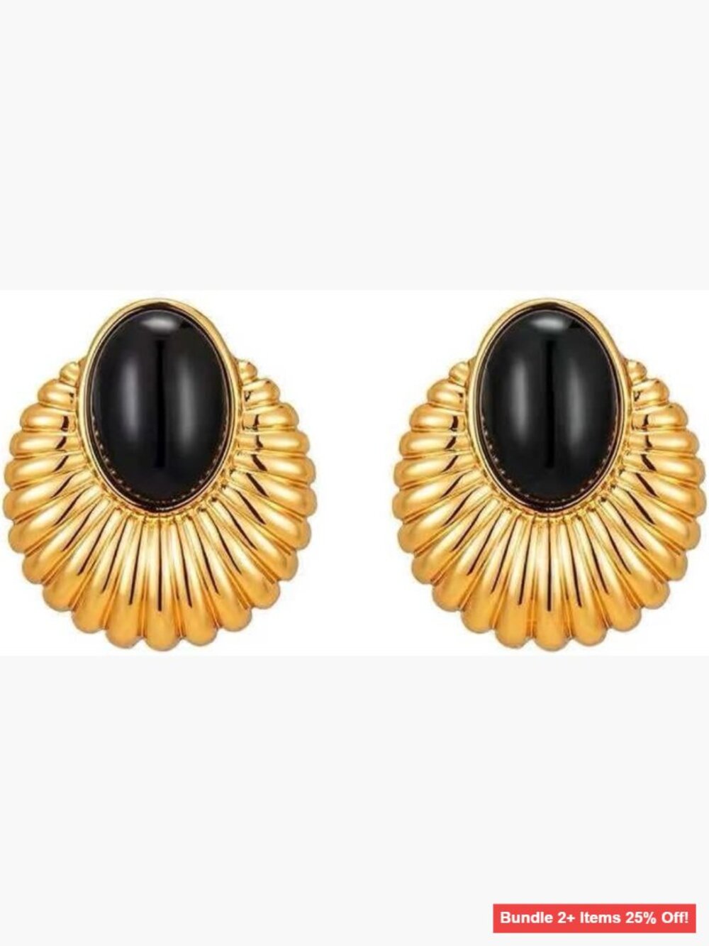 Vintage Oval Black Onyx Stud Earrings 14K Gold Plated S925 Silver Pins